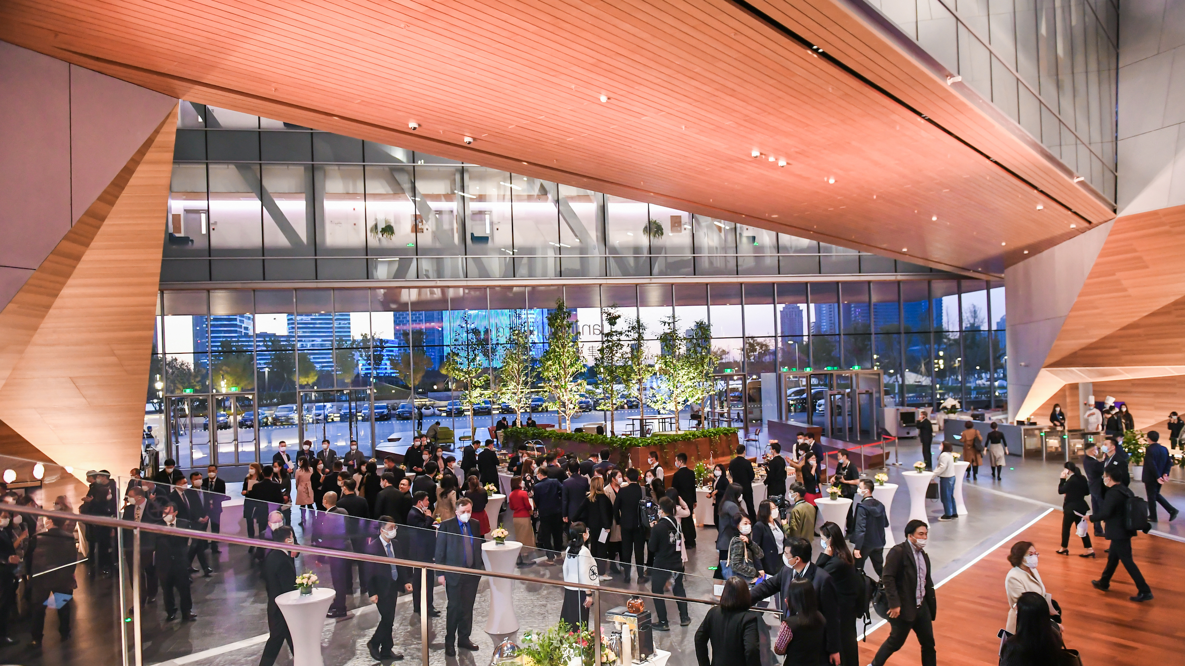 A party in the lobby of the Tianjin building