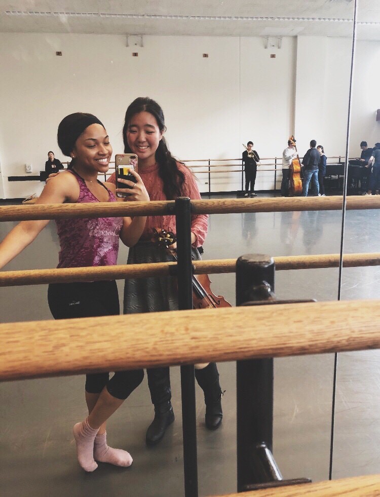 Amy and a friend in a dance studio