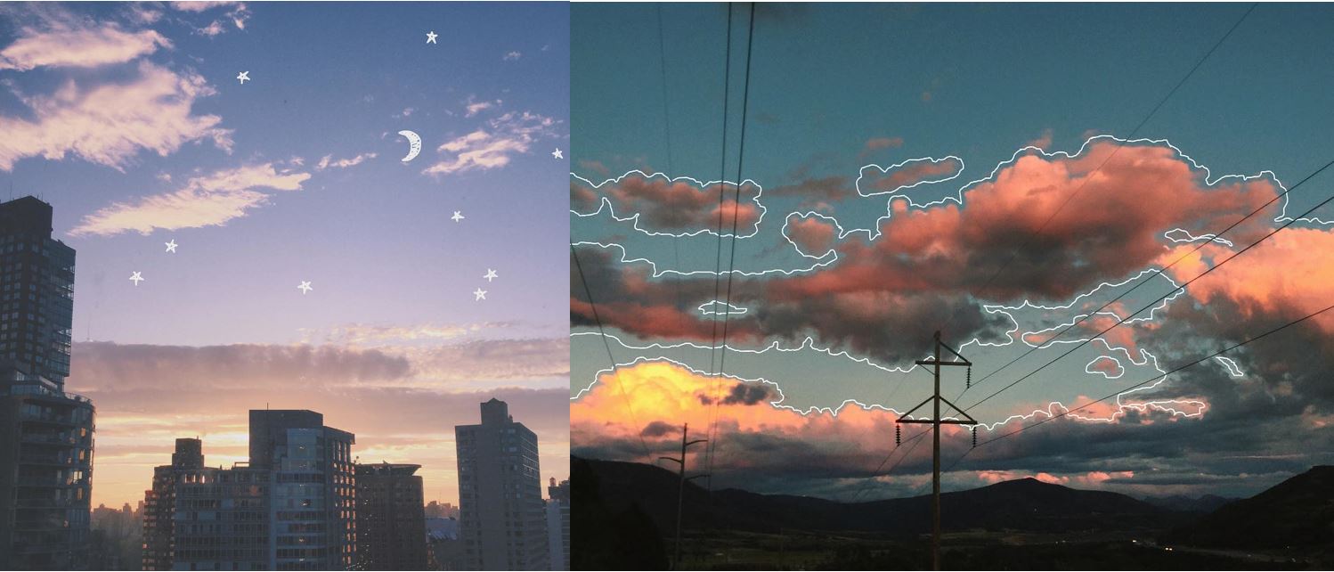 A skyline at sunset with hand drawn stars beside a photo of a sunset with telephone wires in the foreground