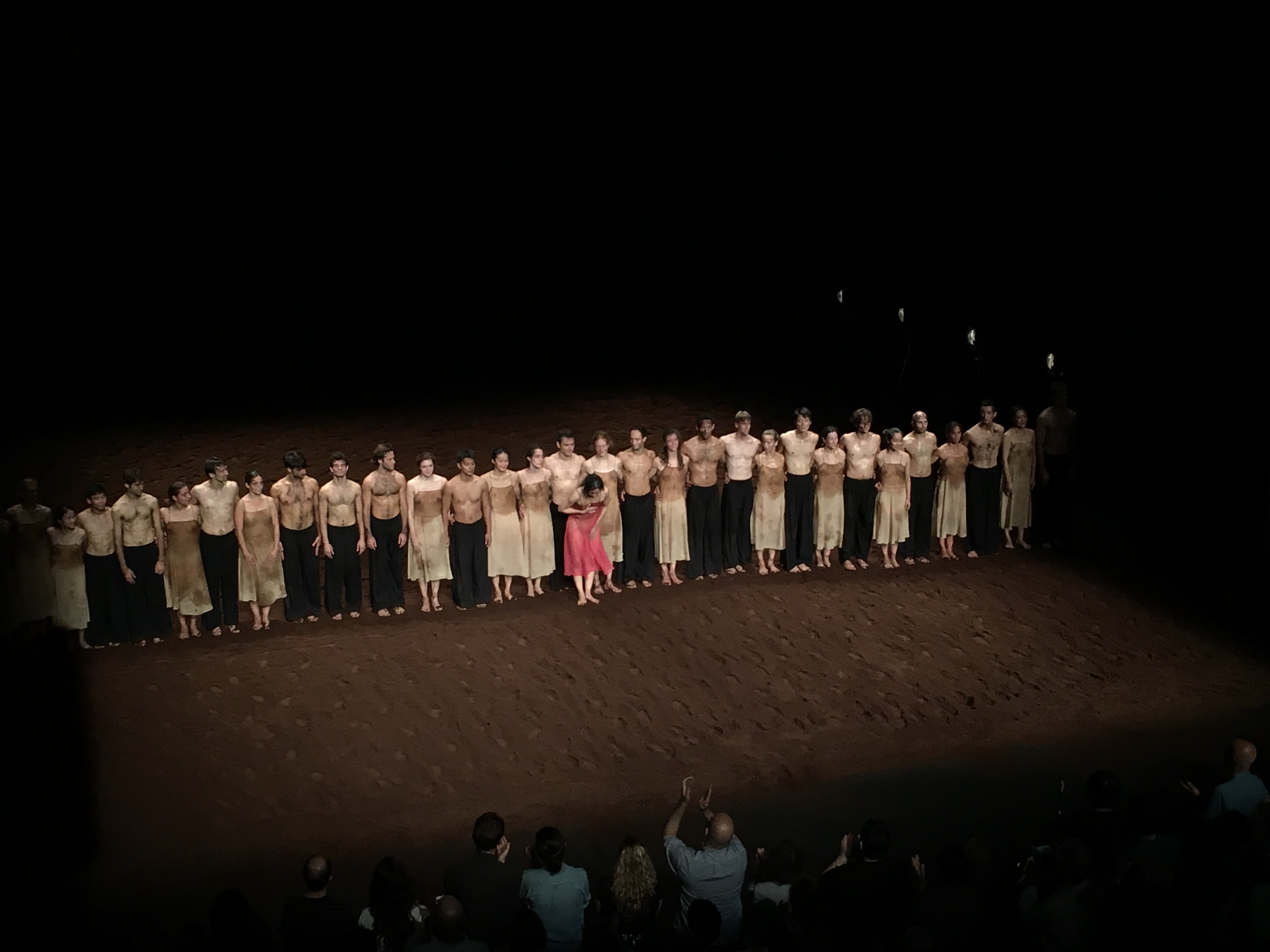A line of dancers at a curtain call.
