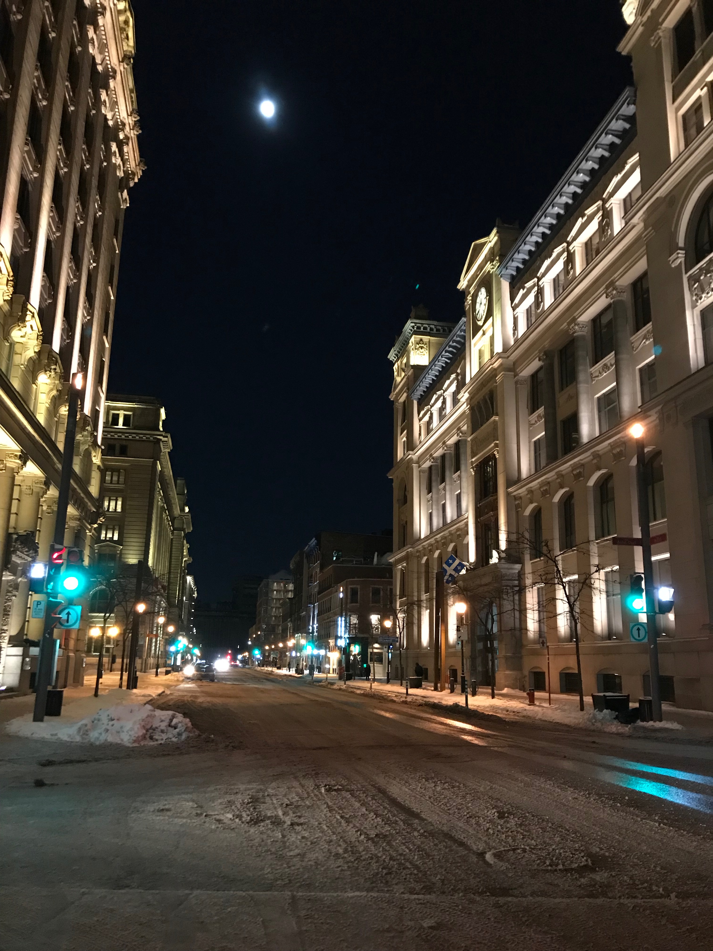 A shot of an empty, snowy street