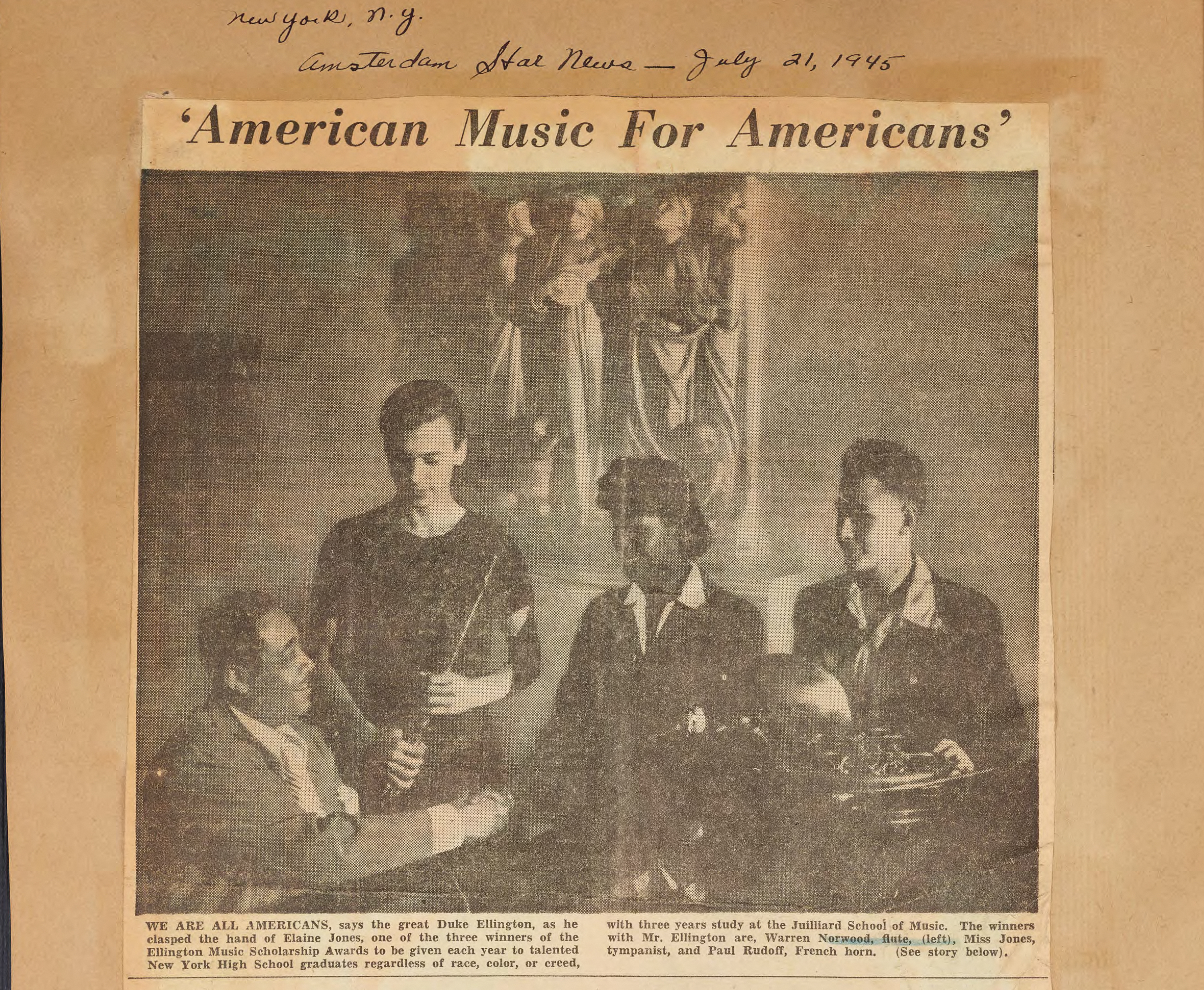 Yellowed scrapbook newspaper clipping that reads "Ellington Scholarship Winners Named as Duke Sets Another 'First' In Music"
