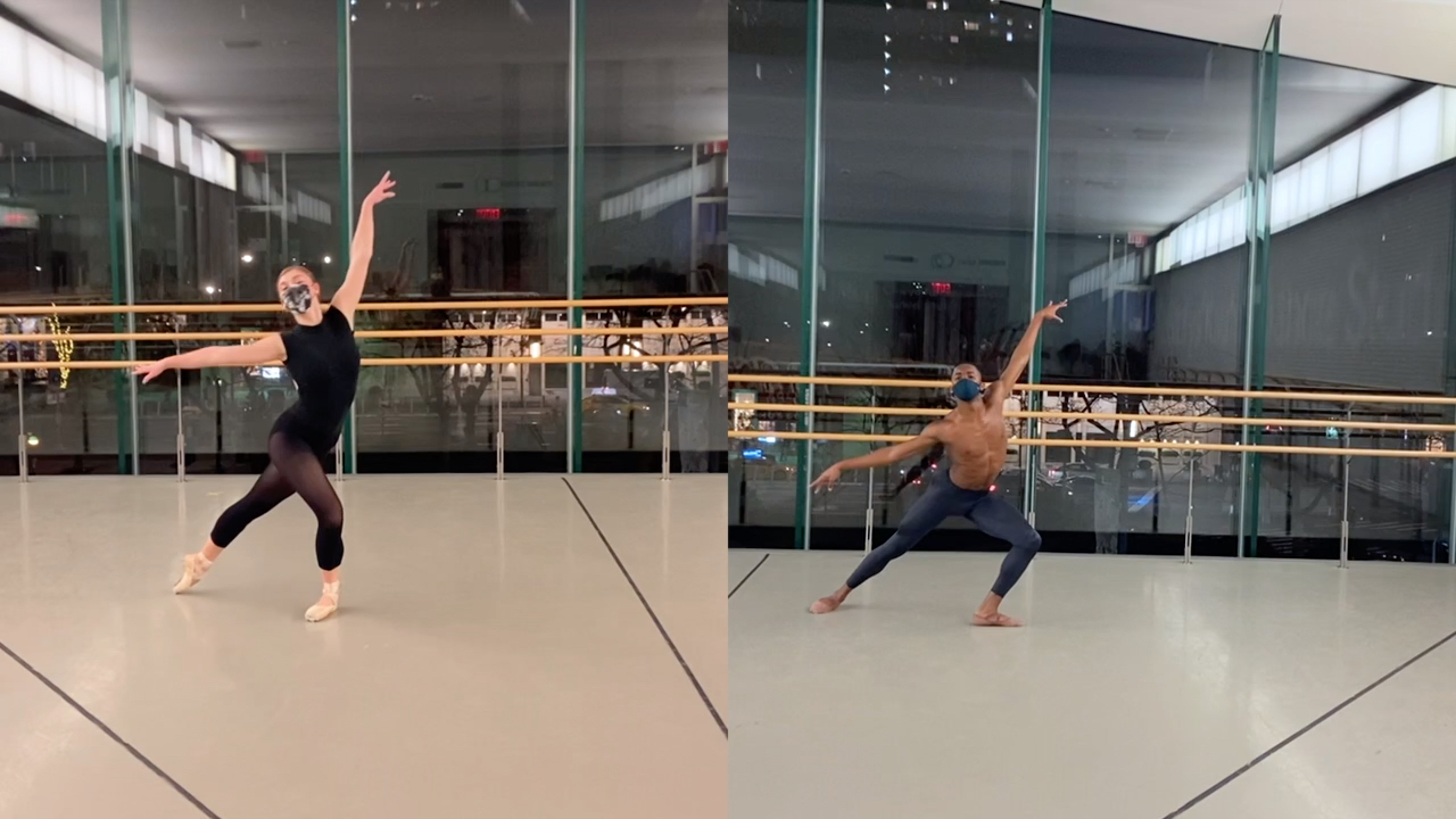 Two dancers dancing in the Kaufman dance studio at Juilliard