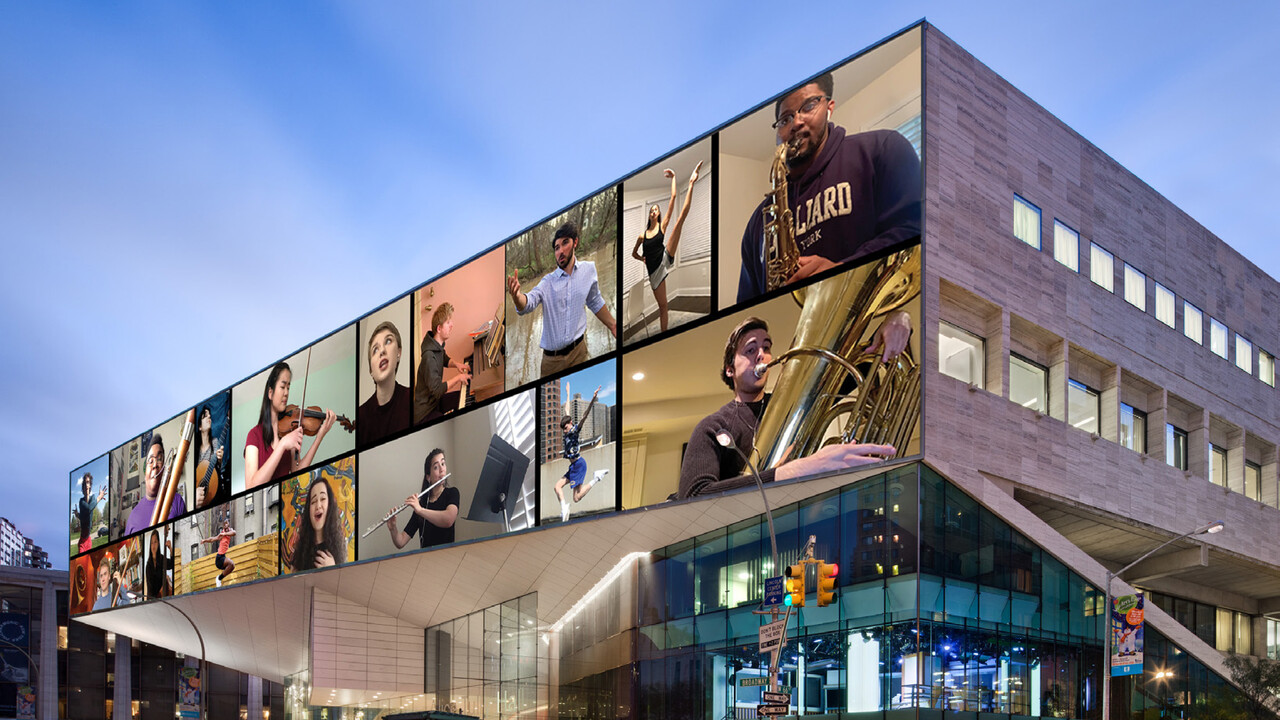 The large glass windows of Juilliard's Broadway facade display a digital collage of Juilliard students performing
