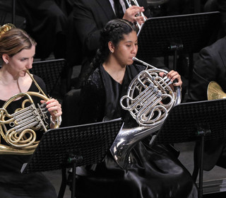 French horn players lined up in their section in this photo from a performance
