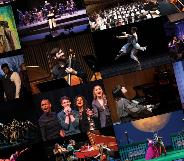 A collage of stills in the style of Hollywood filmstrips representing the breadth of content available on Juilliard LIVE