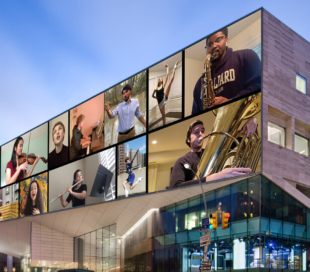 The large glass windows of Juilliard's Broadway facade display a digital collage of Juilliard students performing