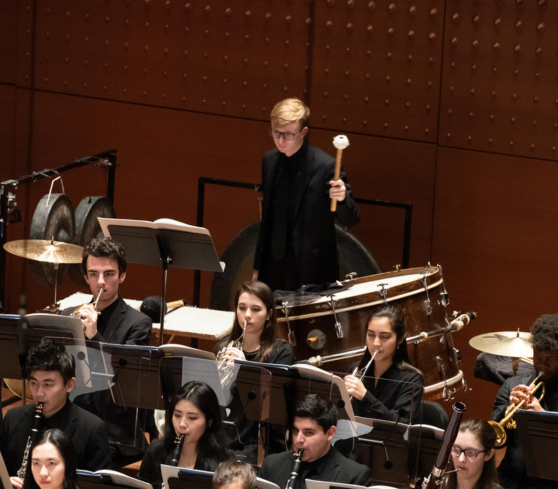 A percussionist performing with the Juilliard Orchestra