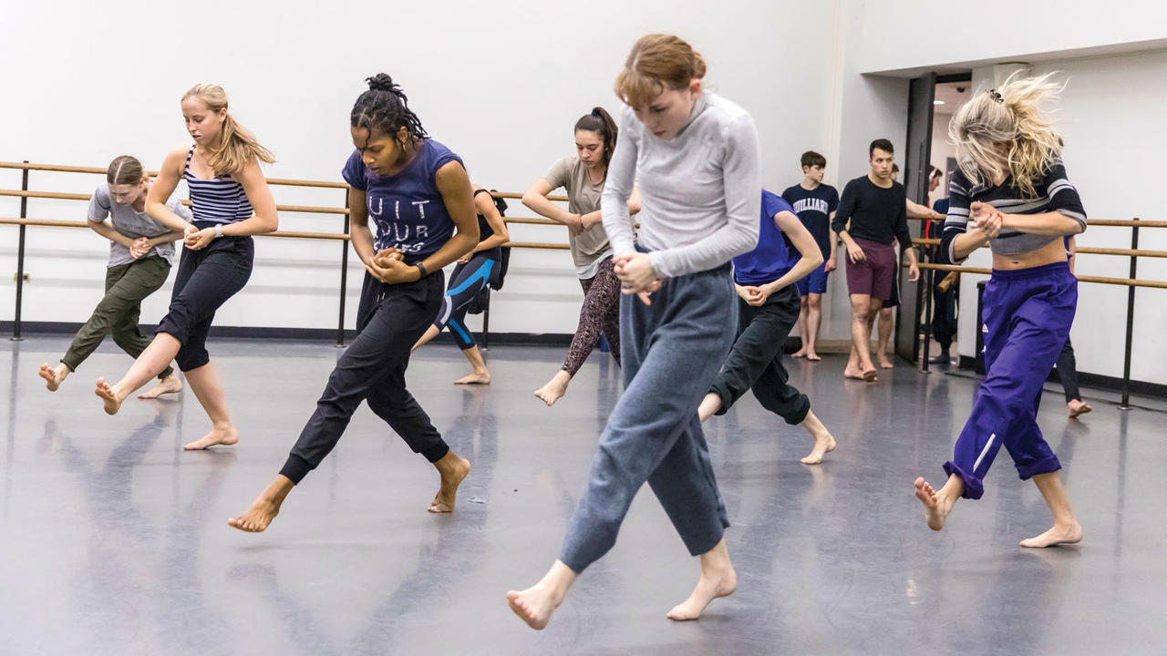 Third-year dancers, unidentified, rehearsing alumna Andrea Miller's 'Desde'