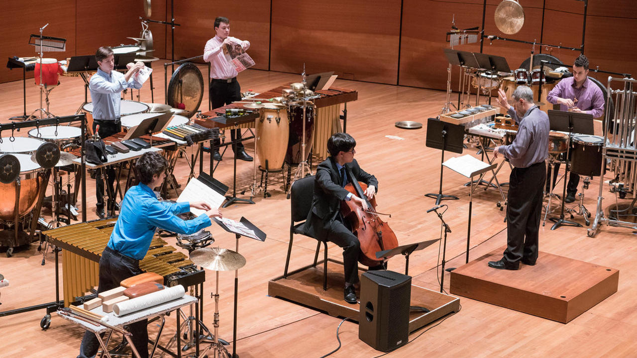 Conductor Daniel Druckman and the Juilliard Percussion Ensemble