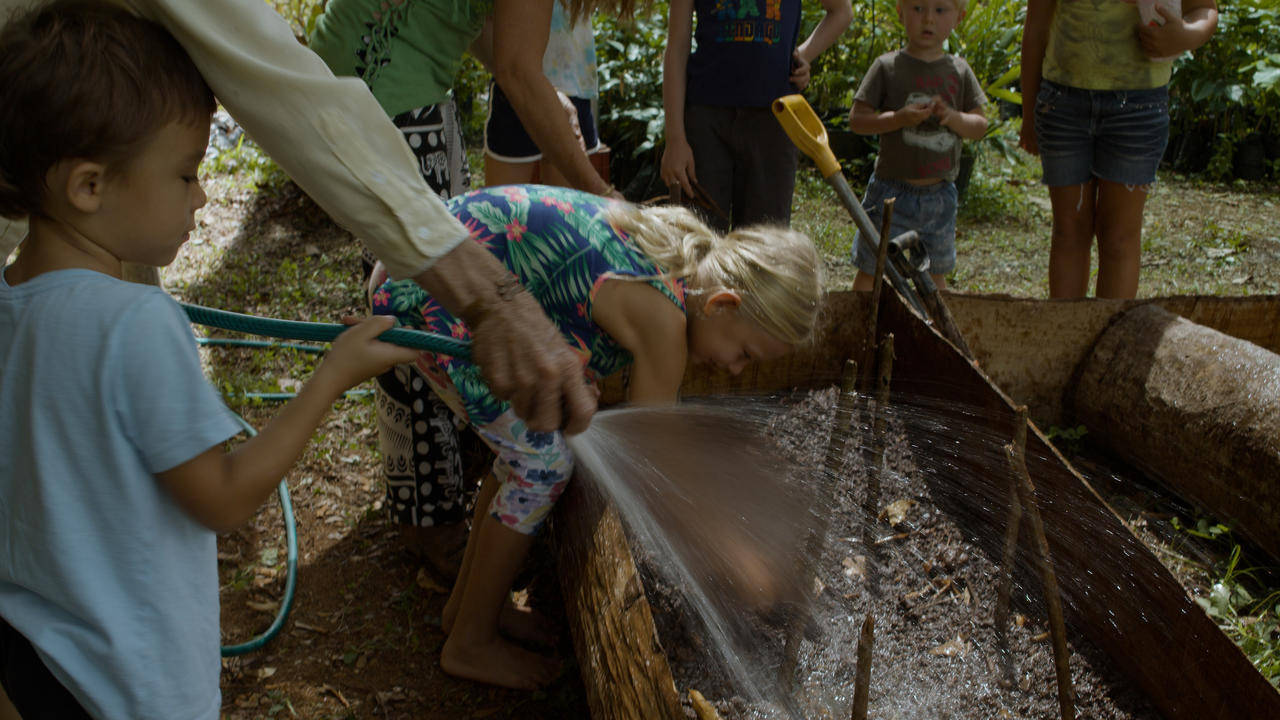 Adults are helping small children plant and water saplings