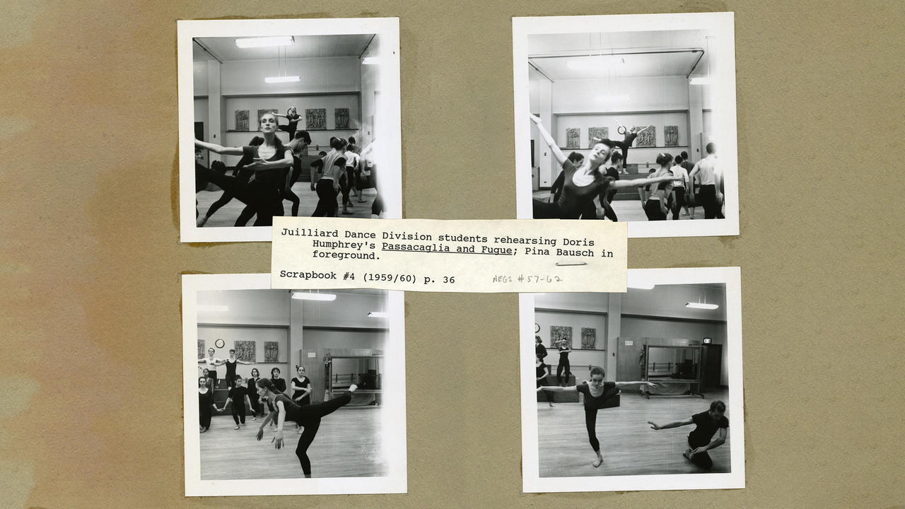 Archival scrapbook catalog page with four individual photos of Juilliard dancers rehearsing Doris Humphrey's 'Passacaglia and Fugue' with Pina Bausch