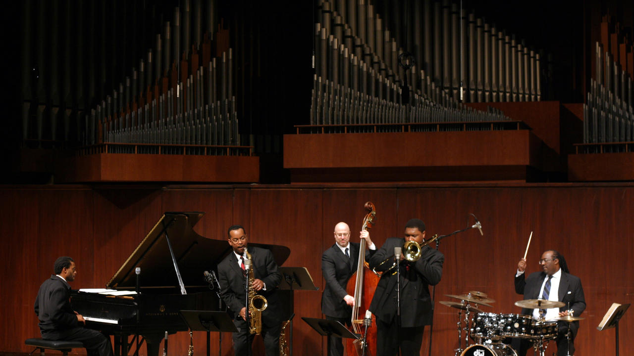 A group of jazz musicians plays in Paul Hall at Juilliard