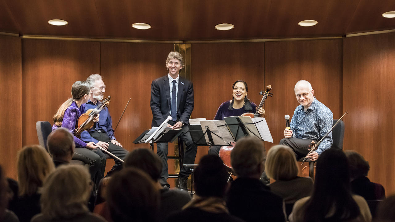 Current members of the Juilliard String Quartet with President Woetzel