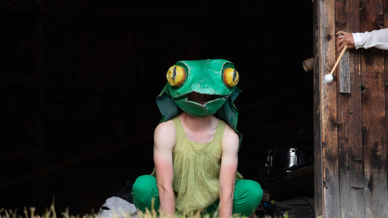 An actor wearing a frog costume in a crouched position, like a frog