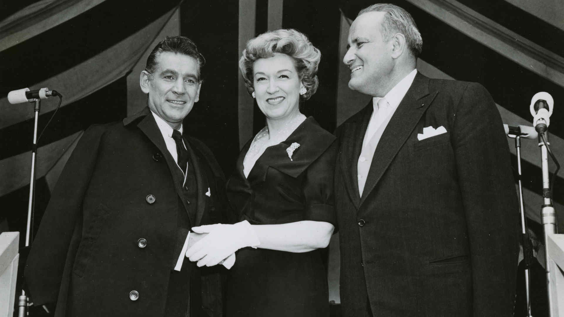 Photo of Leonard Bernstein with Risë Stevens and Leonard Warren