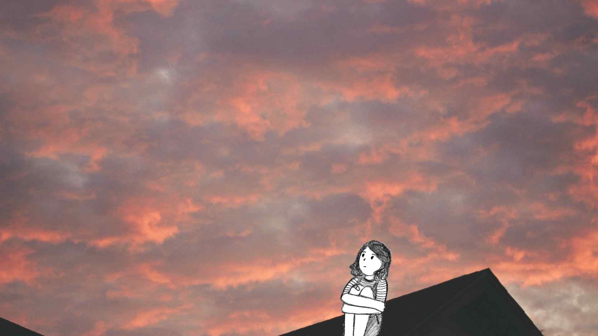 A cloudy sky as the sun is setting, with a pencil drawing of a girl sitting on a rooftop