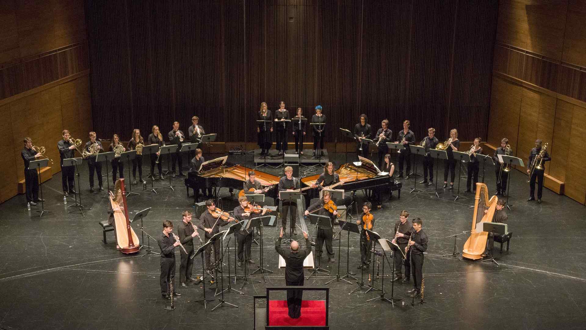 Faculty member Jeffrey Milarsky conducting Axiom in Peter Jay Sharp Theater at Juilliard, 2018