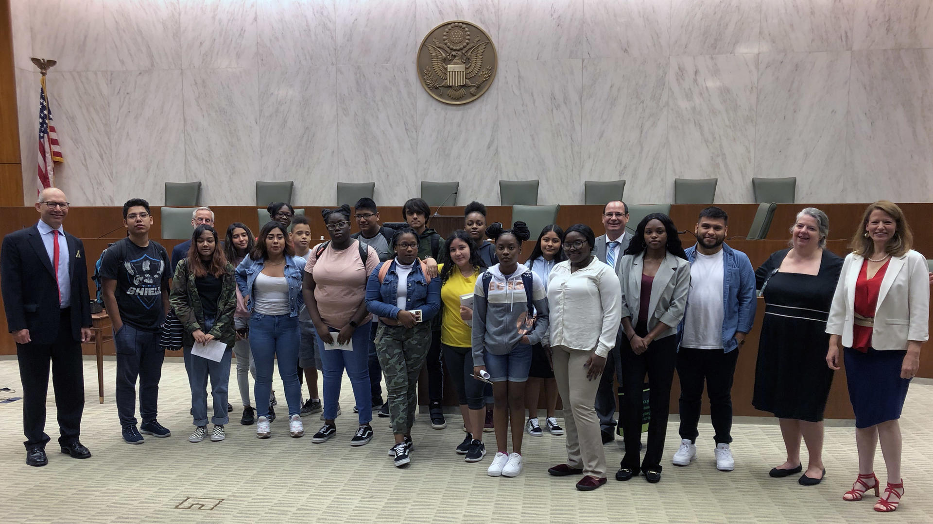 Students from H.S. 519 Cobble Hill School of American Studies flanked by jazz faculty member Ted Rosenthal and Lesley Rosenthal, Juilliard's chief operating officer, and Magistrate Judge Vera Scanlon at a Constitution Day naturalization ceremony