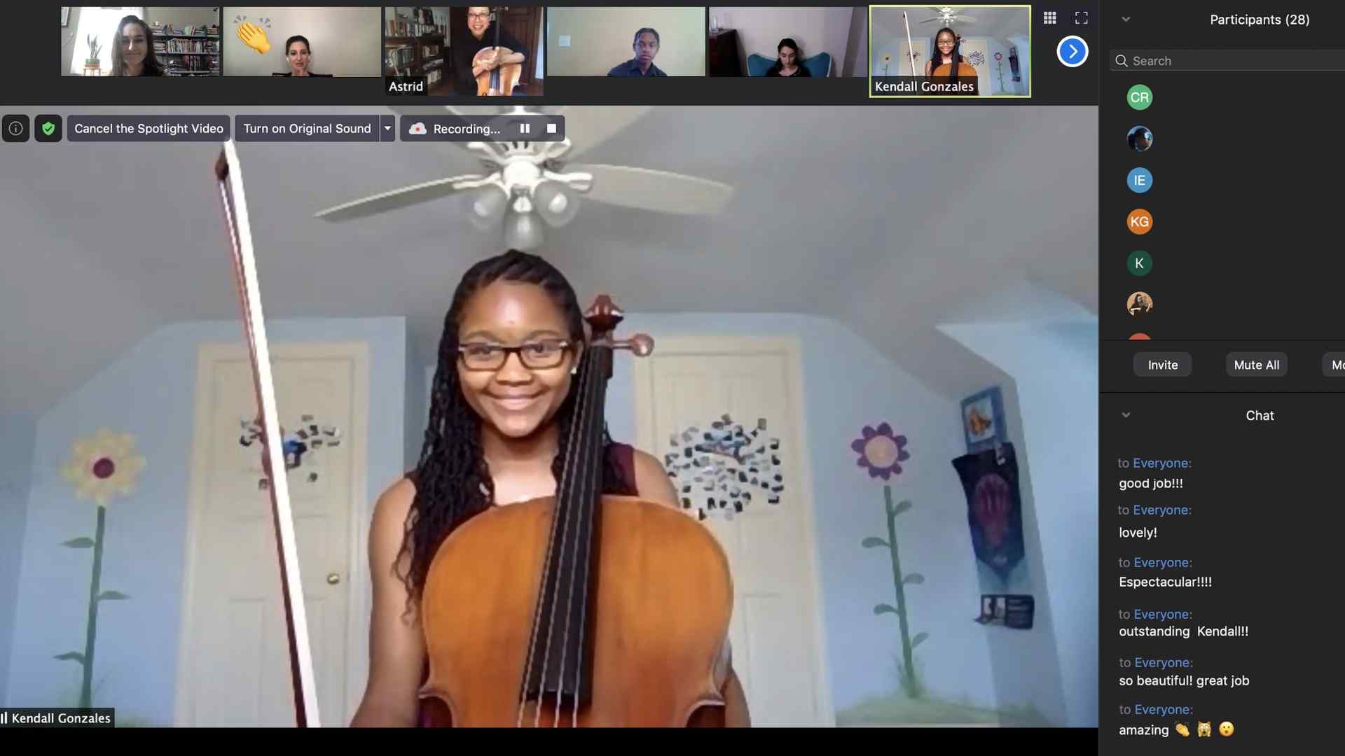 Kendall Gonzales, cellist, a participant in the Sphinx Performance Academy, on Zoom; the Zoom screen shows the other participants and the group's text chat box