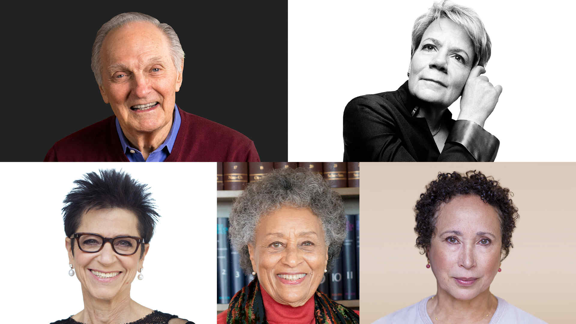 Collage of headshots of the honorary degree recipients. Clockwise, from upper left: Alan Alda, Marin Alsop, Virginia Johnson, Reri Grist, and Jody Gottfried Arnhold