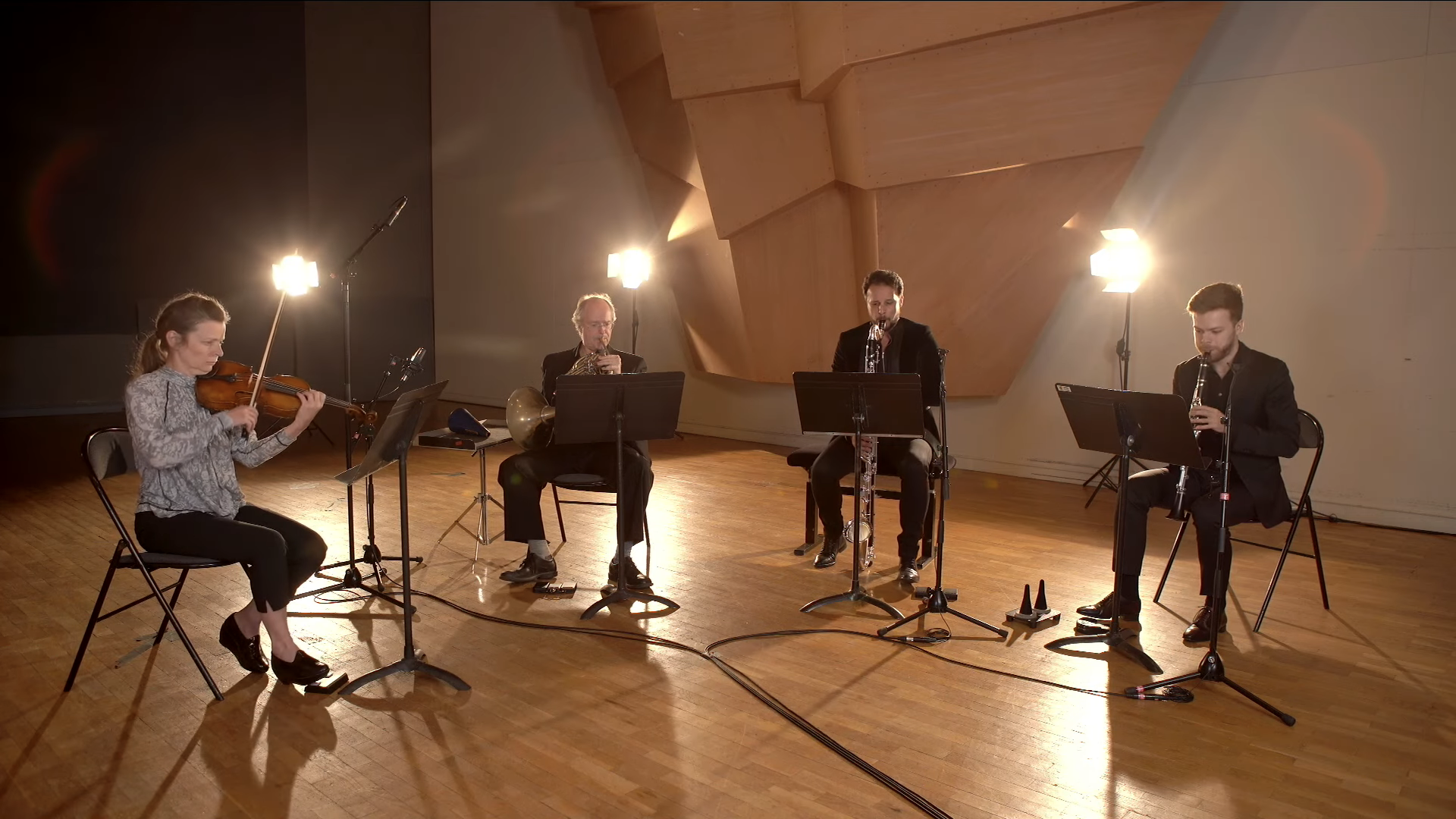 Four musicians, seated, play a chamber music piece