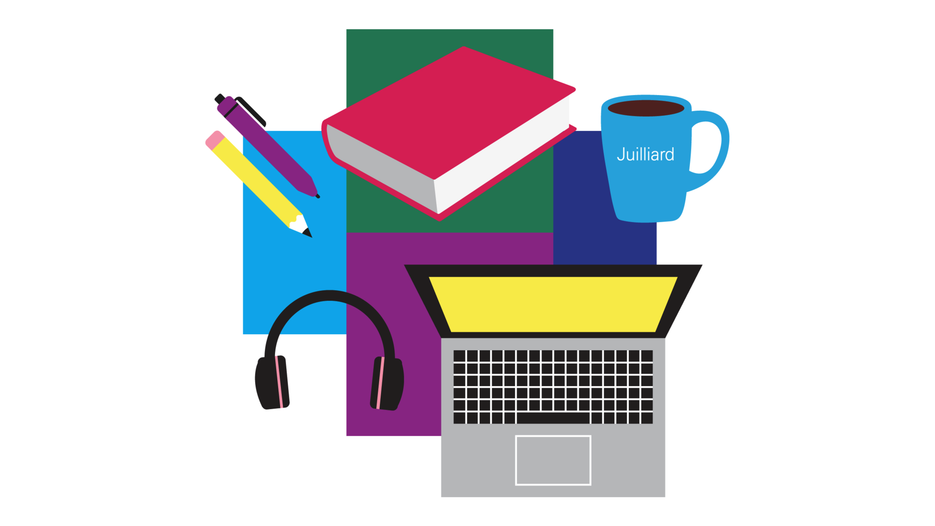 An illustration showing school supplies including books, a laptop, and a coffee mug that says "Juilliard"