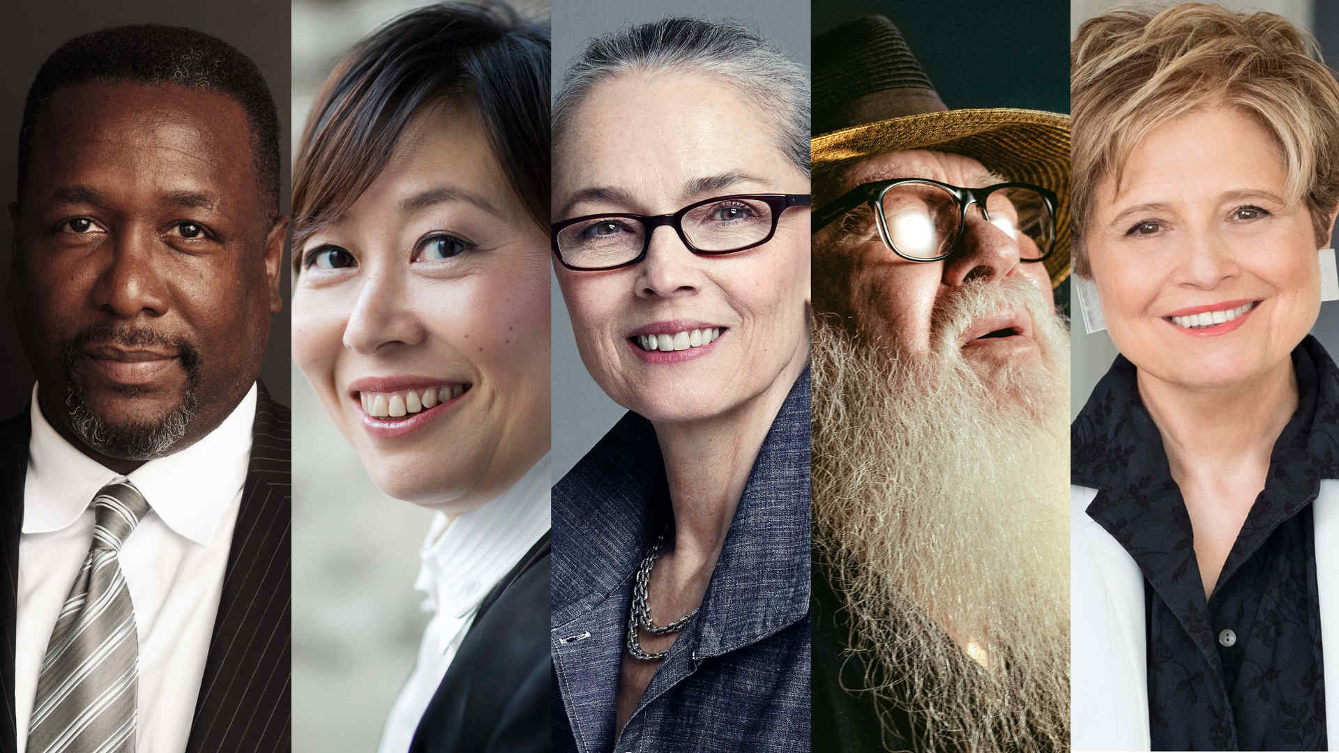 Collage of headshots in side-by-side orientation of Wendell Pierce, Xian Zhang, Janet Eilber, Hermeto Pascoal, and Deborah Borda