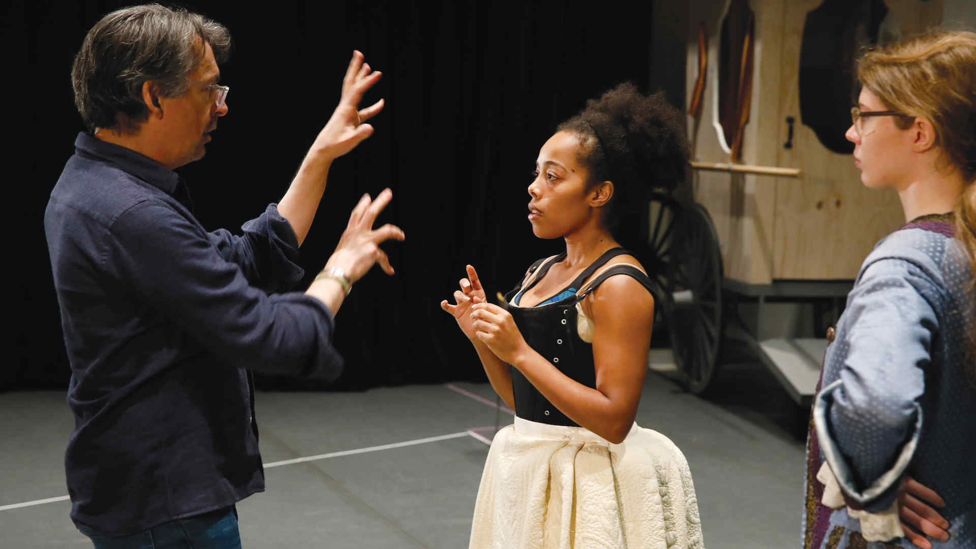 Stephen Wadsworth in rehearsal with Brittany Bradford and Manon Gage