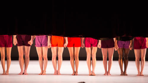 A curtain rises on dancers standing in a line holding hands