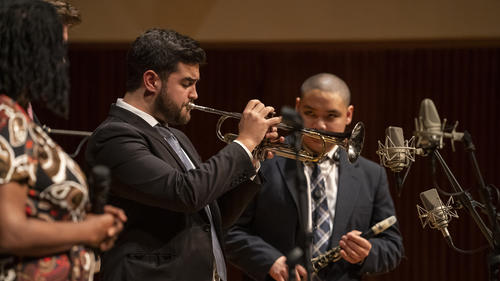 A jazz trumpet player performing with Juilliard Jazz in “Billie Holiday: Swing Song Tradition” 