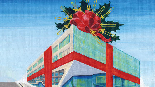 Illustration of Juilliard wrapped in a bow for the holidays