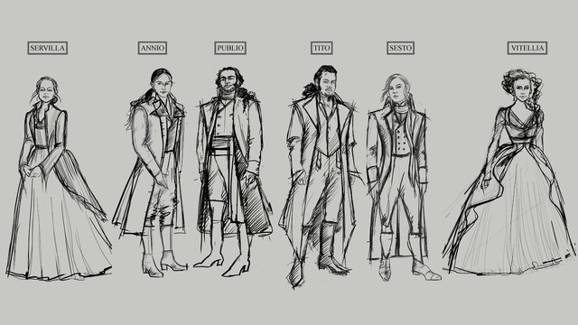 A greyscale lineup of costume sketches for the characters in 'Tito'