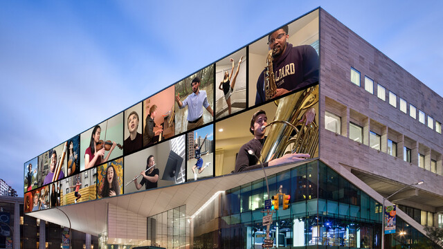 The large glass windows of Juilliard's Broadway facade display a digital collage of Juilliard students performing